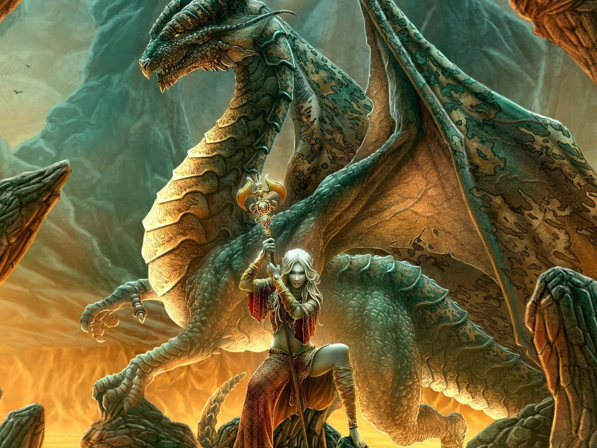 An epic, fiery dragon illustration. Wallpaper