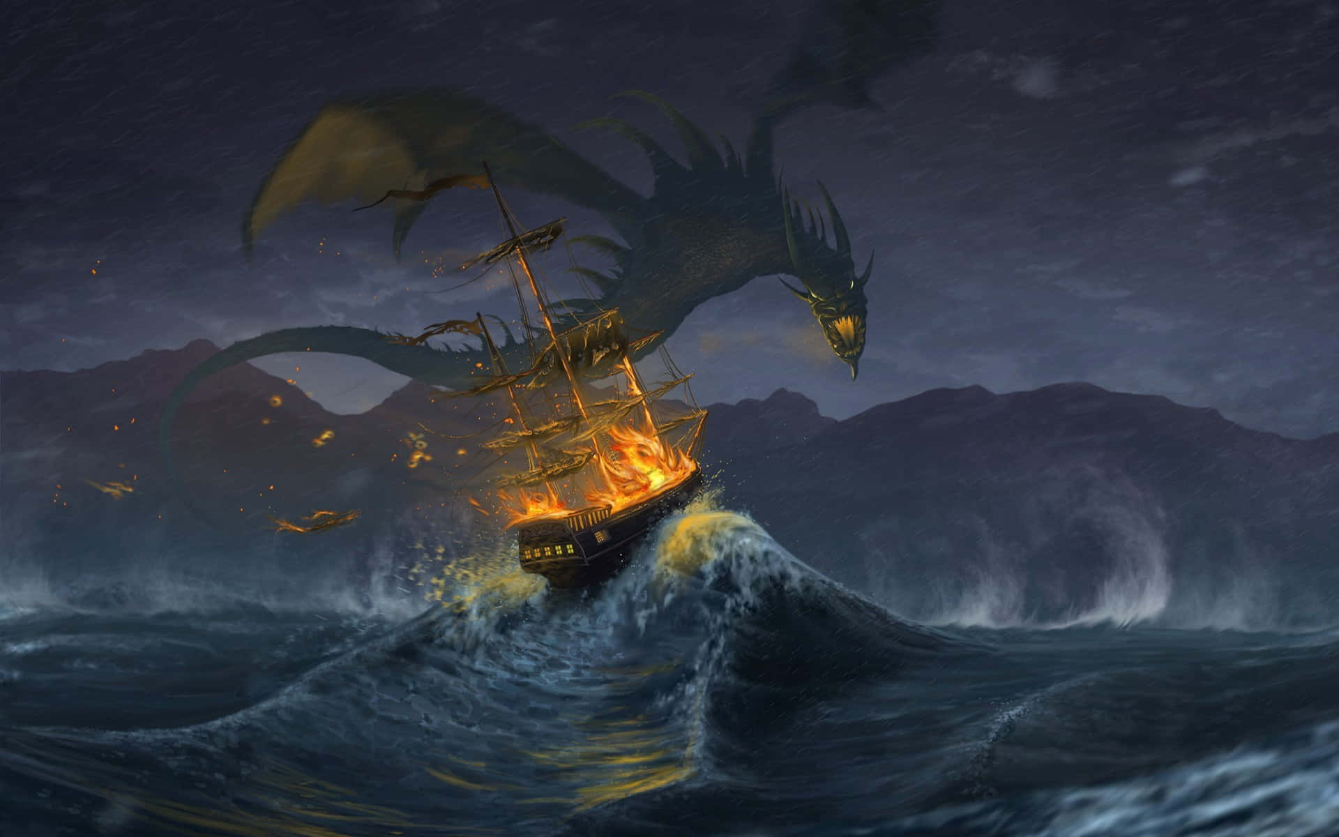 Undragón Está Volando Sobre Un Barco En El Océano. Fondo de pantalla