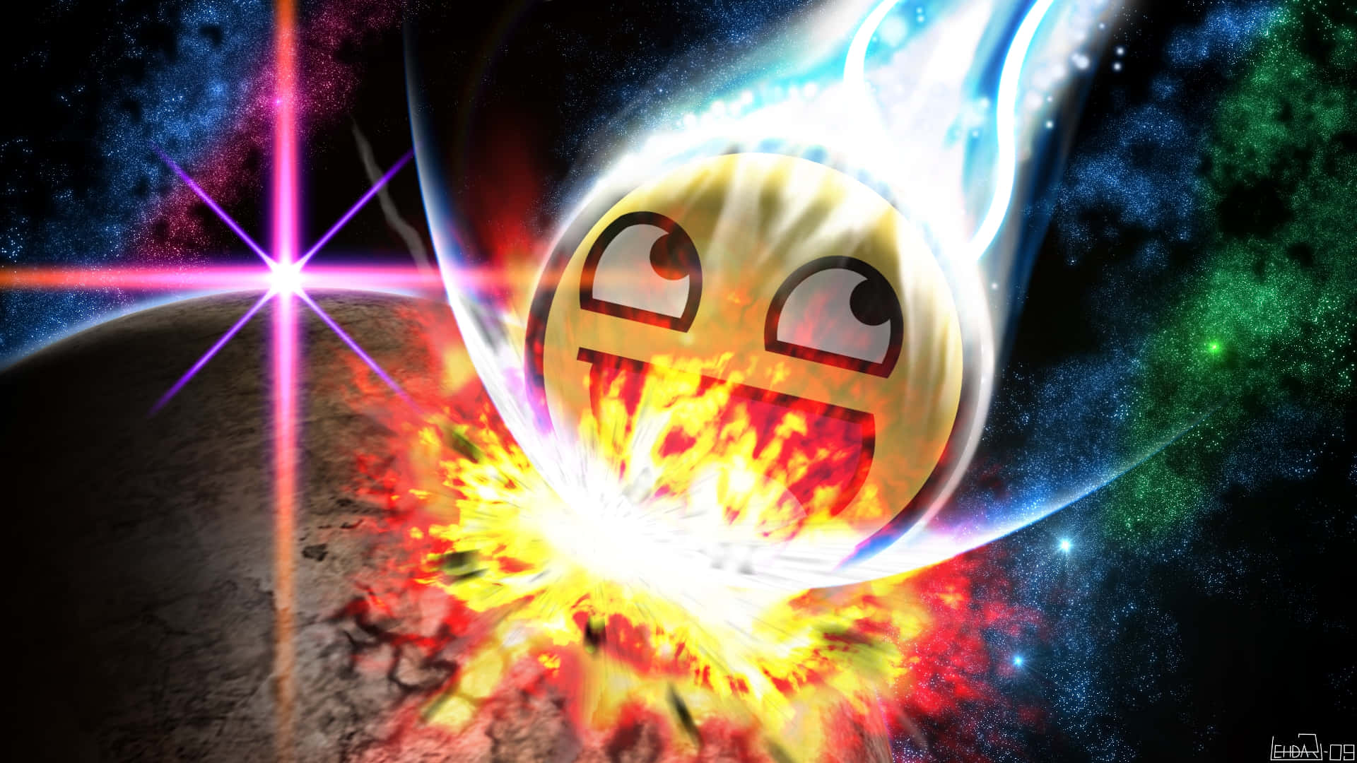 A Smiling Emoticion With A Fireball In The Background Wallpaper
