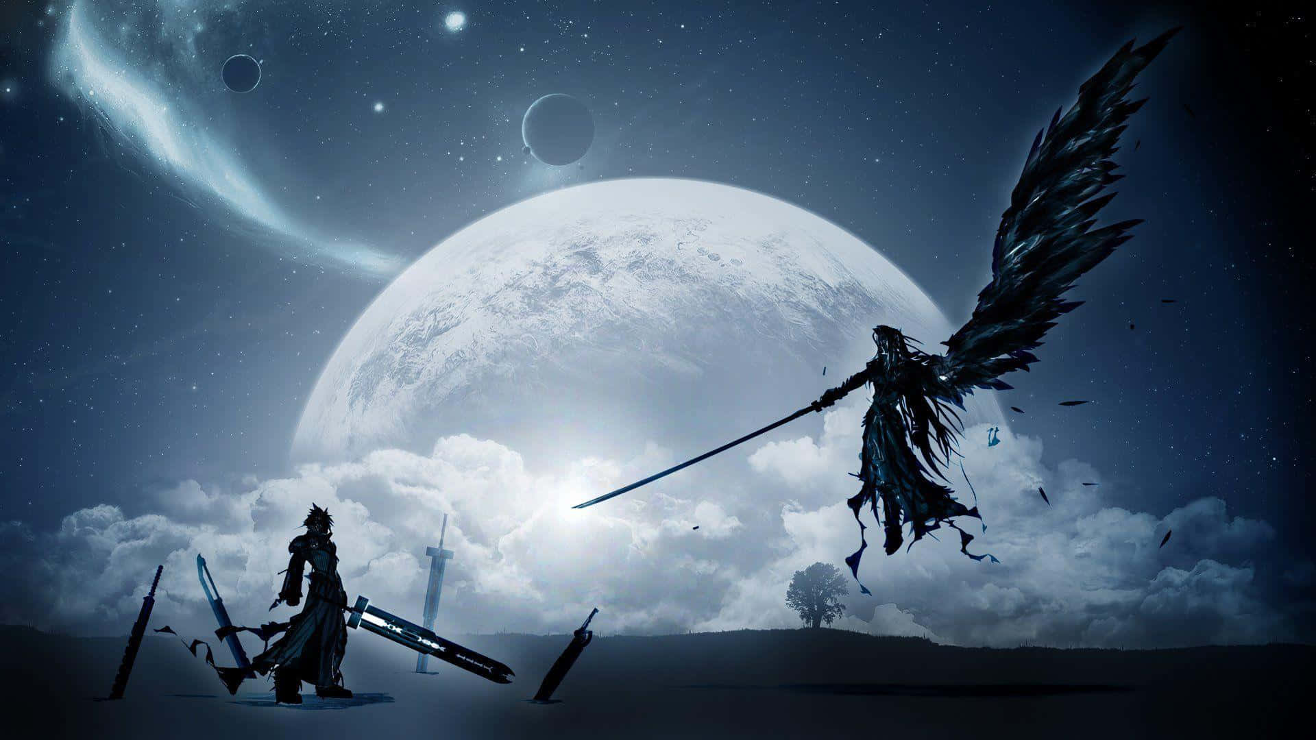 Epic Fantasy Battle Under Giant Moon Wallpaper
