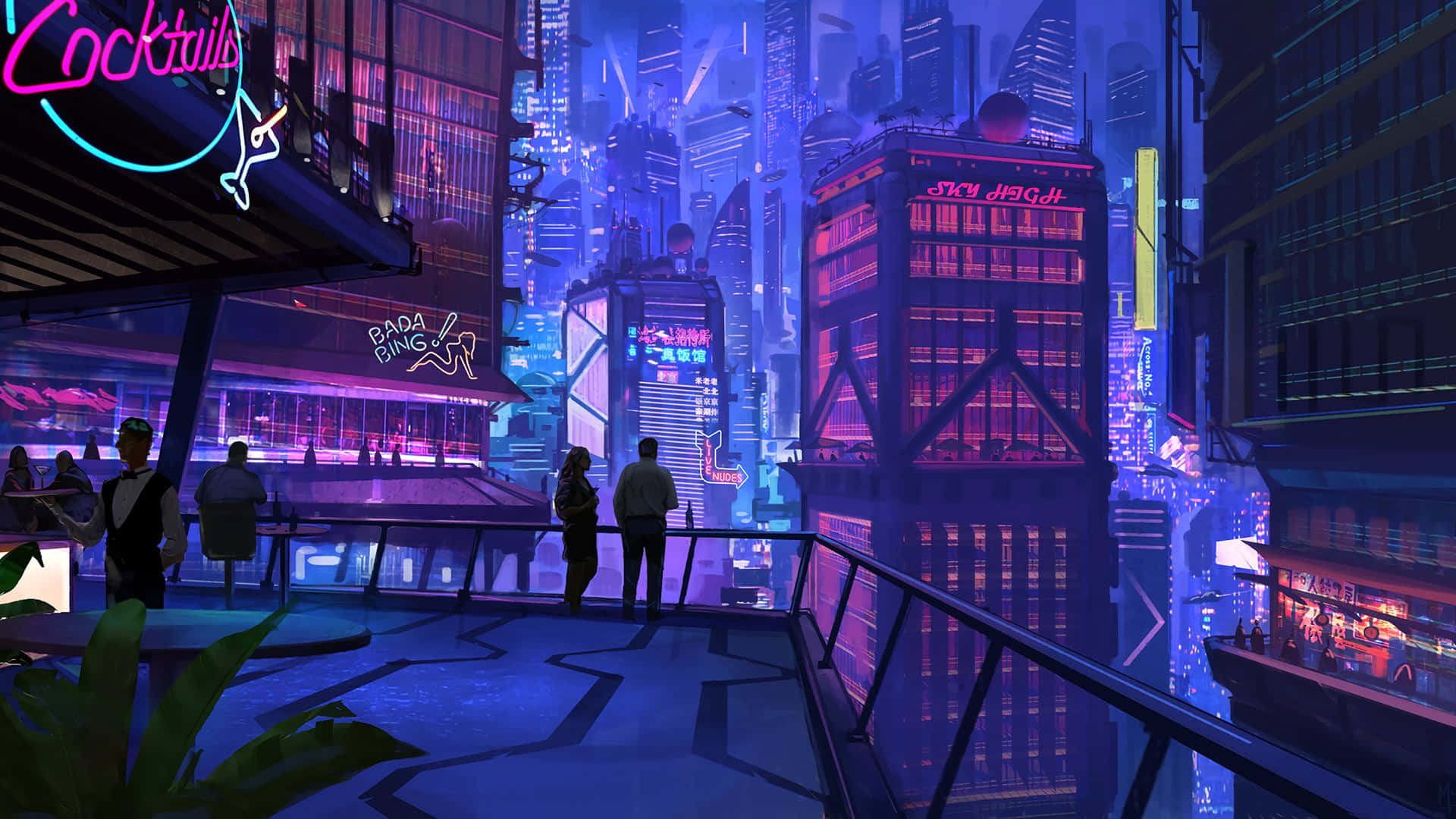 A City With Neon Lights And People Standing On The Rooftop Wallpaper