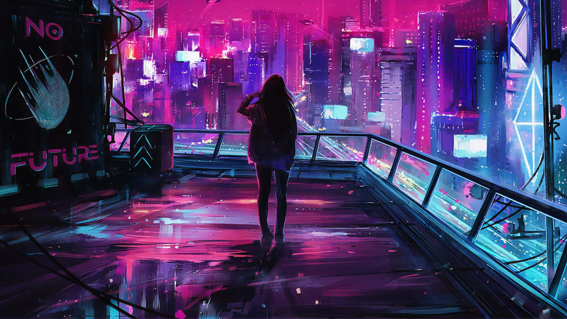 En pige står på en bro og kigger på byens skyline. Wallpaper