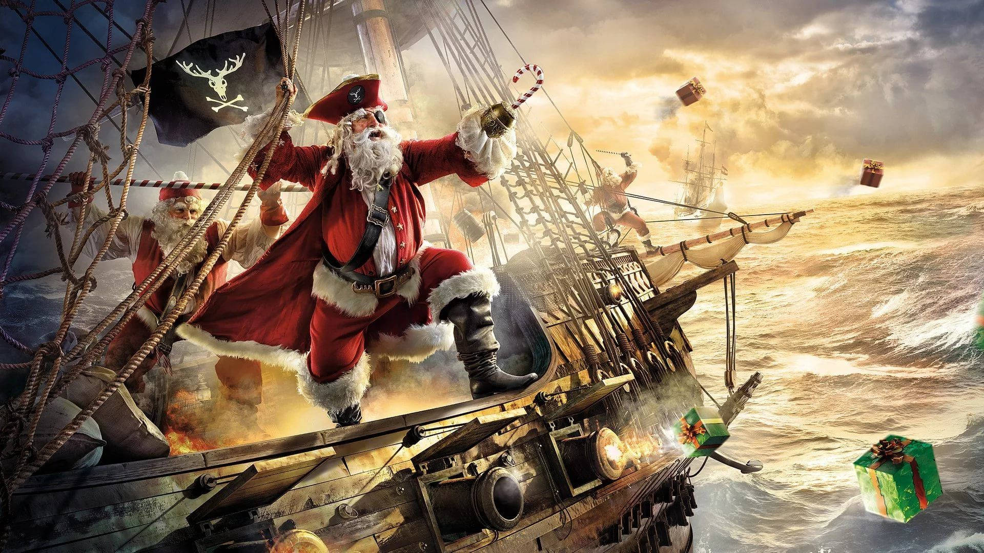 Epic Pirate Santa Claus Funny Christmas Wallpaper