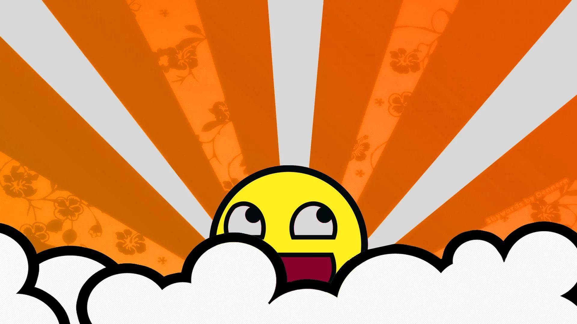 Yellow awesome smiley face showing happy expression and hiding behind the clouds, epic smiley meme.