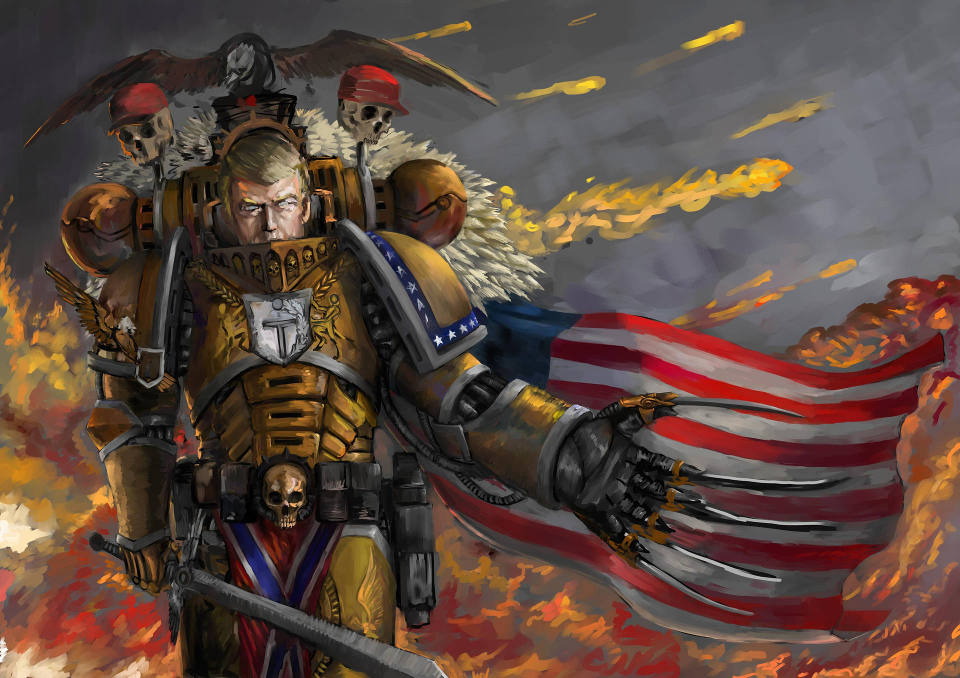 Fan art wallpaper of Donald Trump as epic US superhero
