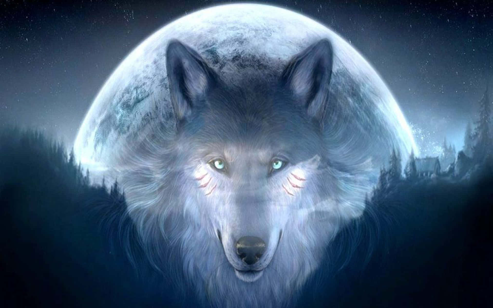 Intense Fierce Wolf Glaring in the Moonlight Wallpaper