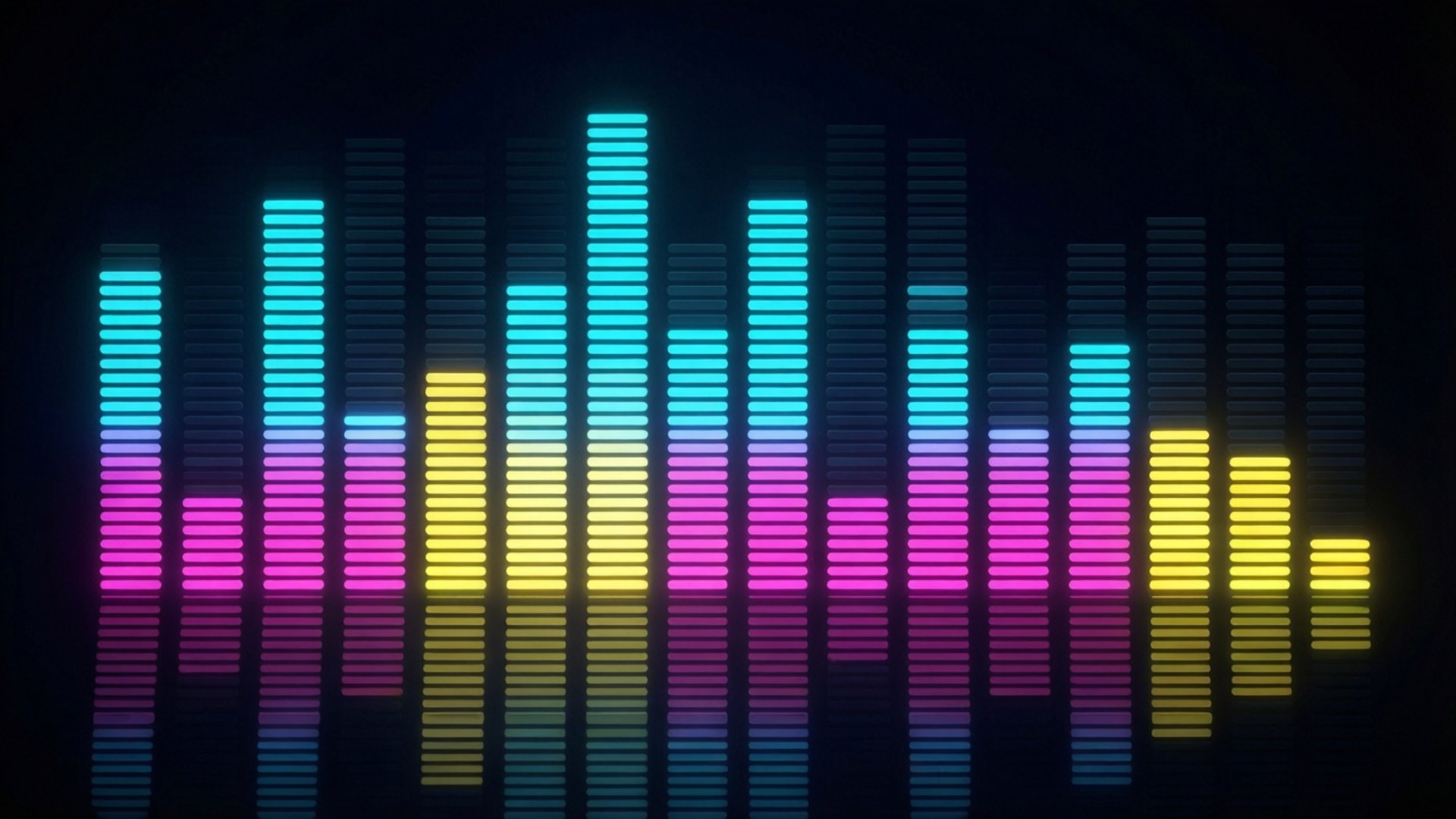 Wallpaper abstrak berwarna-warni dari equalizer audio dengan batang neon di latar belakang gelap.