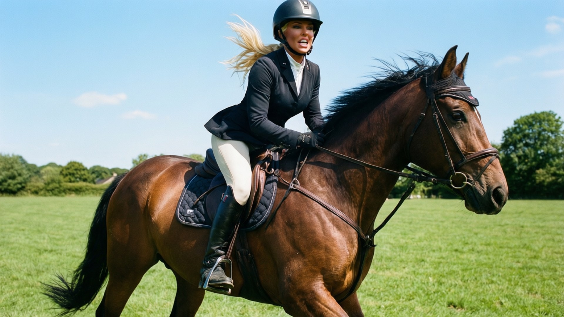 Katie Price viser sin kjærlighet til hester i en rytterscene.