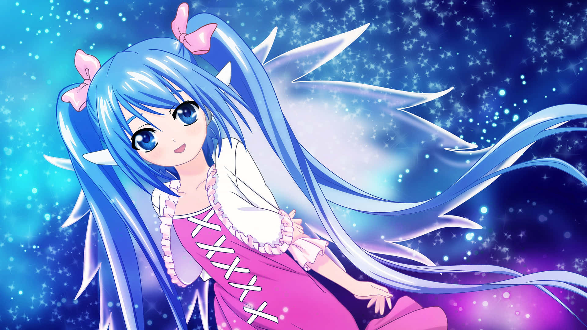 Animemädchen Mit Blauen Haaren Und Pinkem Kleid Wallpaper