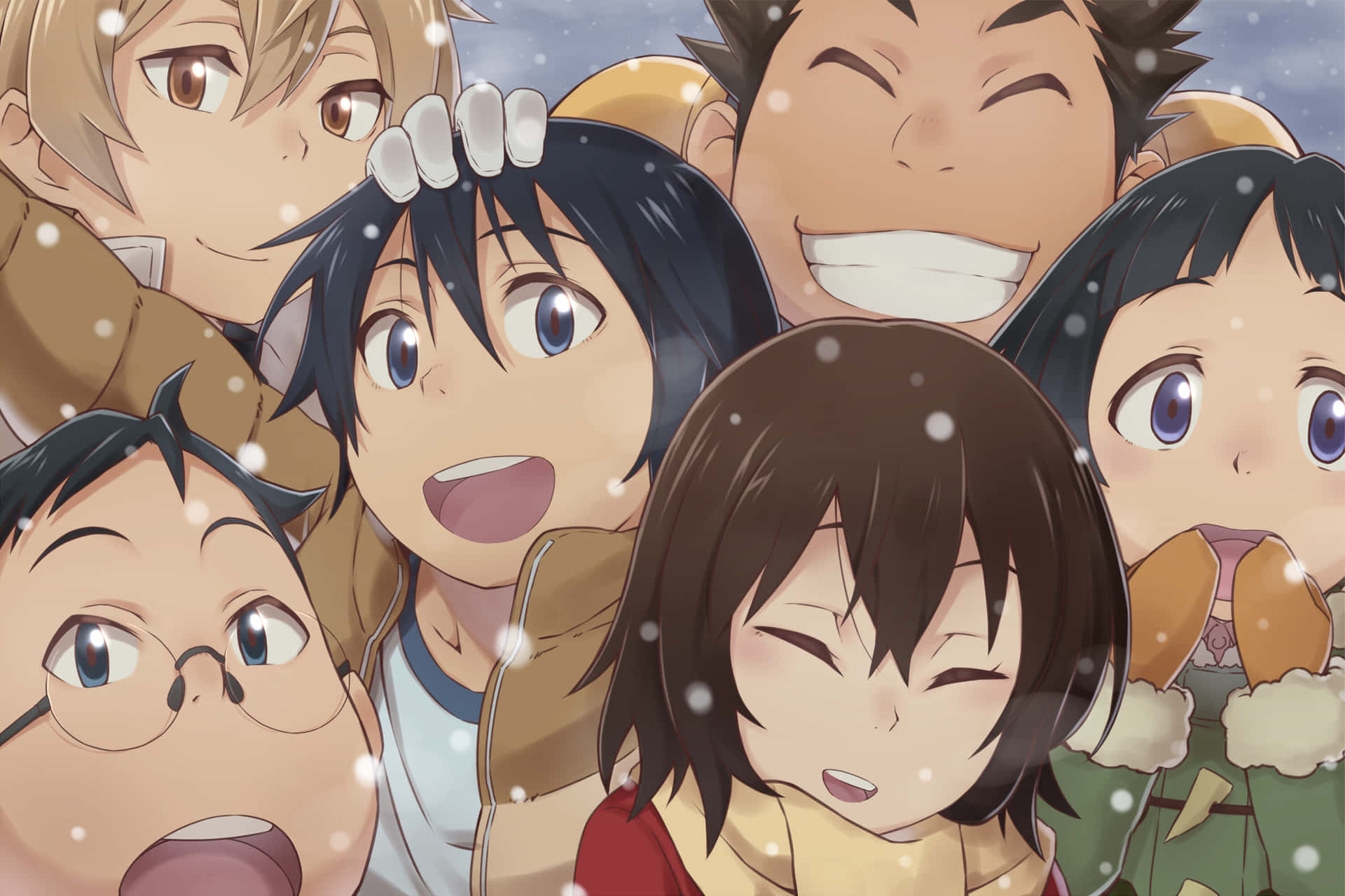 Ungrupo De Personajes De Anime Están Sonriendo En La Nieve. Fondo de pantalla