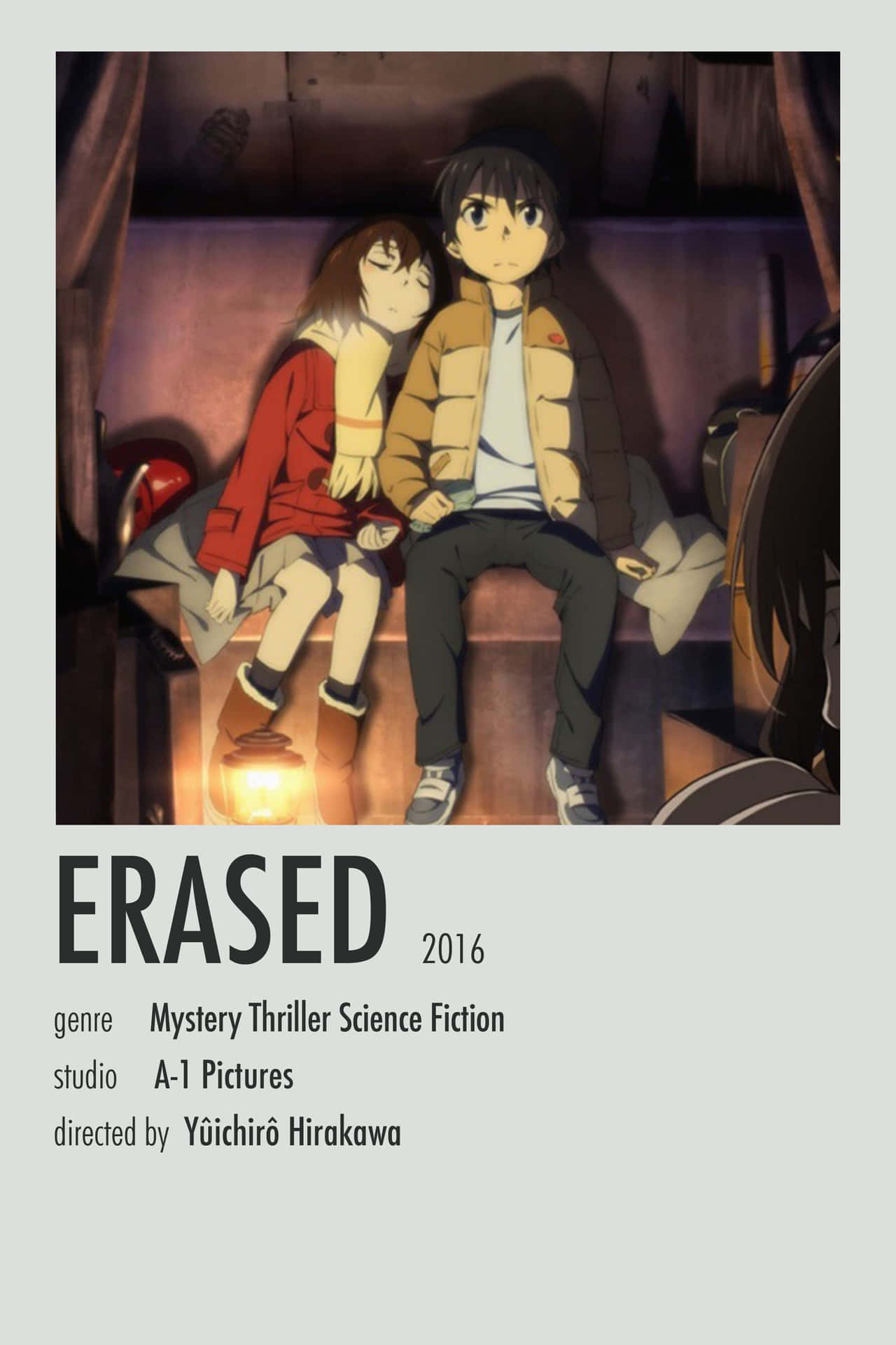 En poster for animeen Erased. Wallpaper