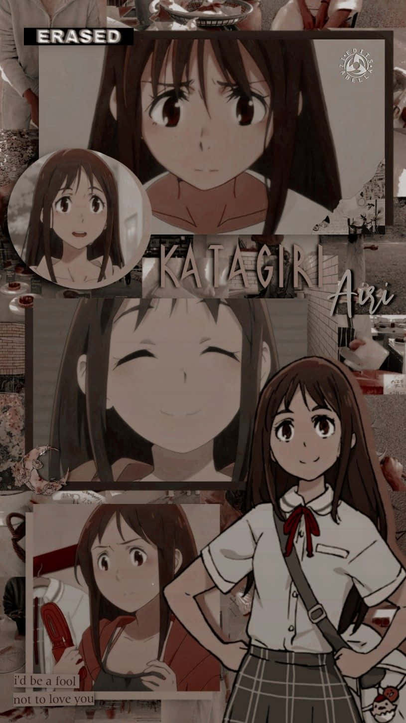 Vibrant Collage Artwork of Airi Katagiri from Erased Anime Wallpaper