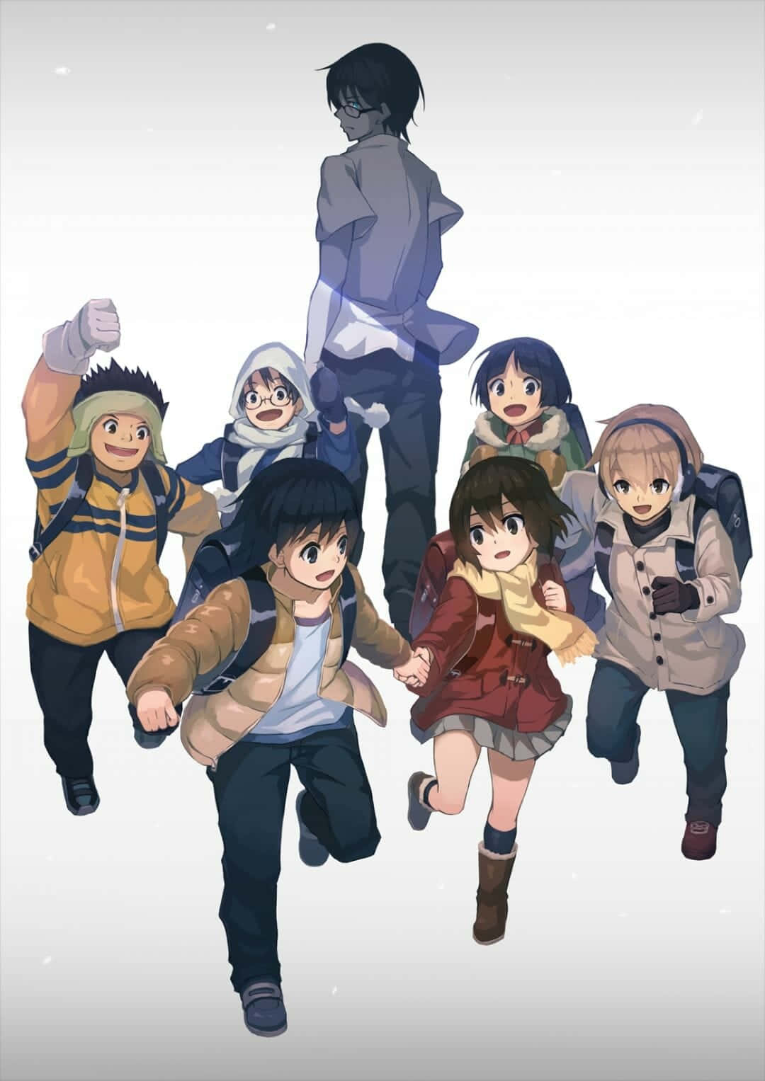 A poignant moment in Erased Anime featuring main characters Satoru, Kayo, Osamu, Kenya, and Hiromi. Wallpaper