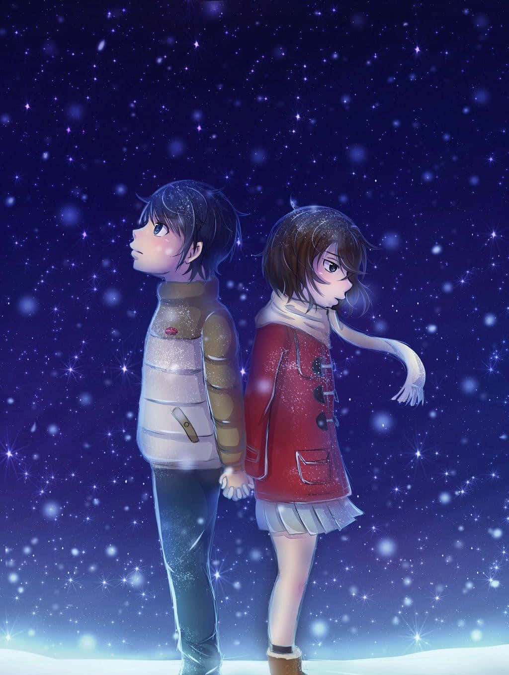 A Couple Standing In The Snow Holding Hands