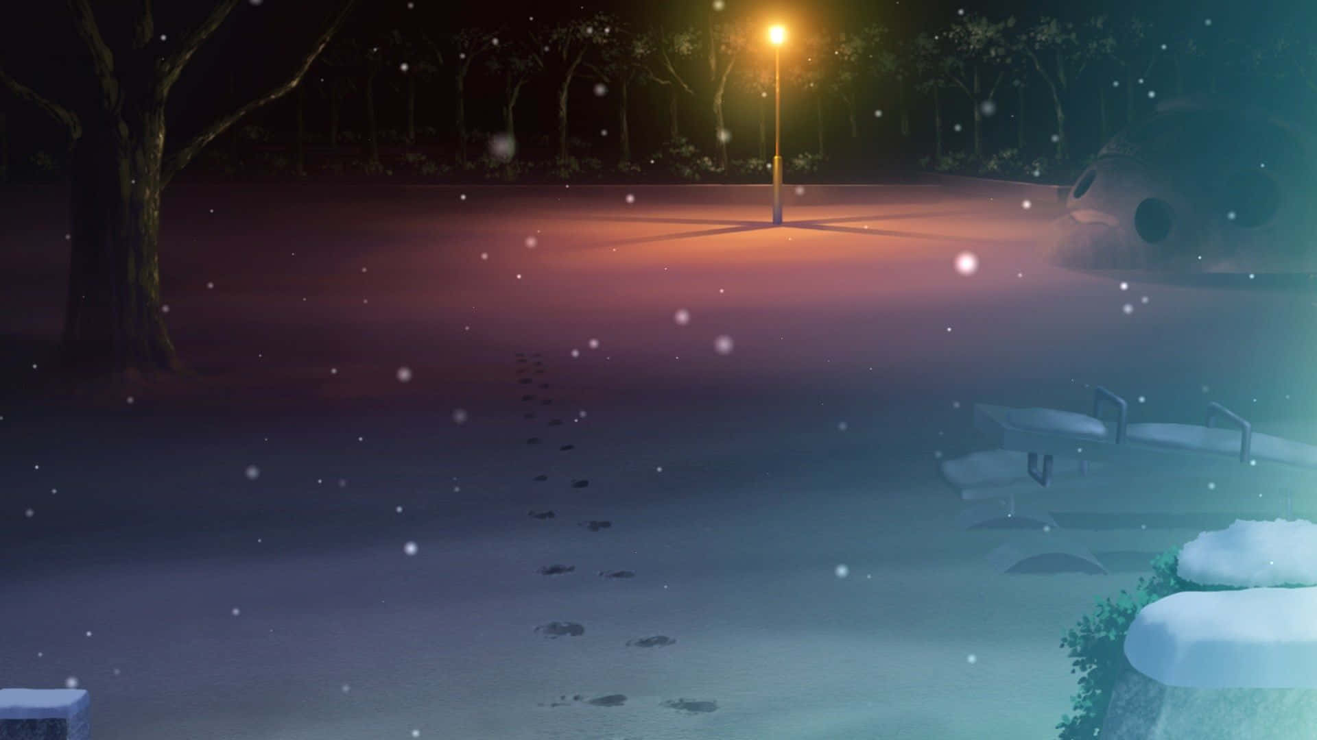 Eineverschneite Nachtlandschaft Mit Einer Lampe Und Einer Bank.