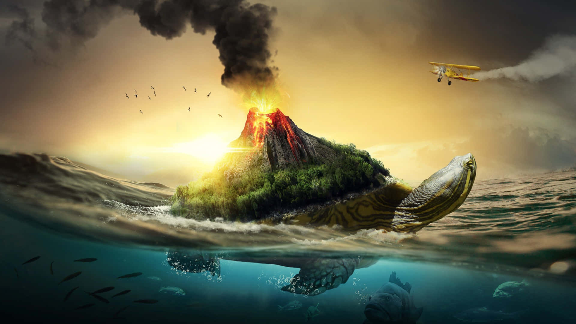 Erupting Volcano Fantasy Sea Turtle Wallpaper