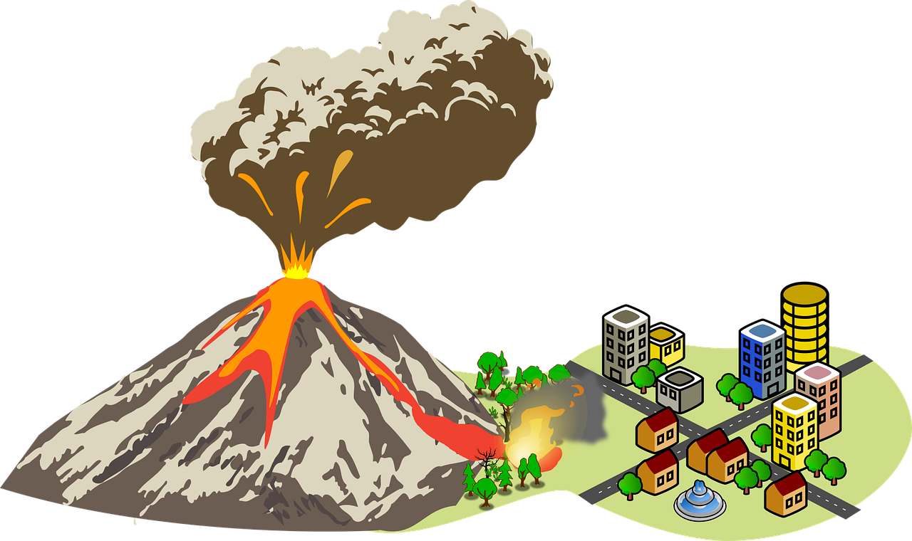 Download Erupting Volcano Near City Illustration.png | Wallpapers.com