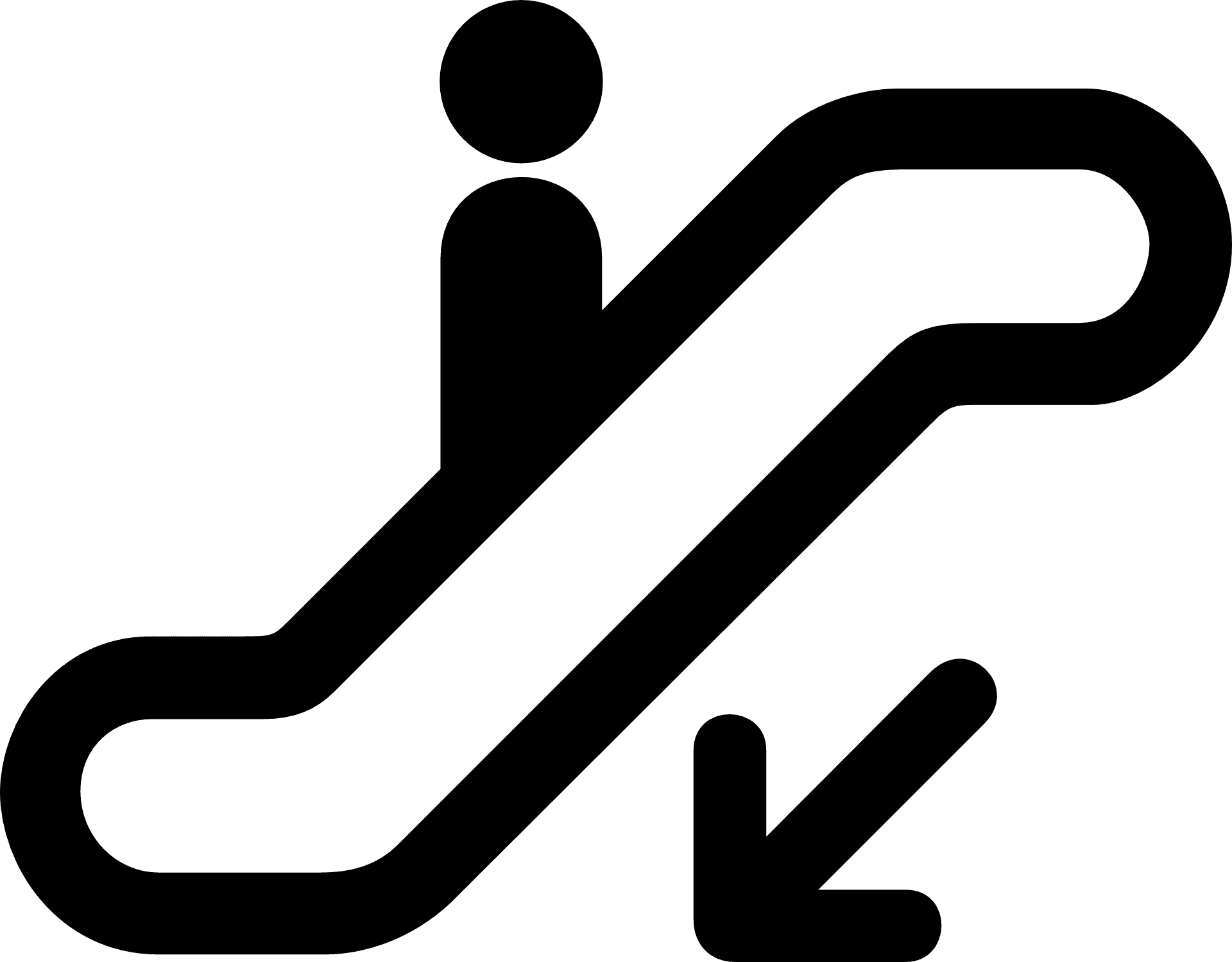 Escalator Symbol Graphic PNG — A minimalist black icon shows a stylized person ascending on an escalator with curved handrails and directional arrows.