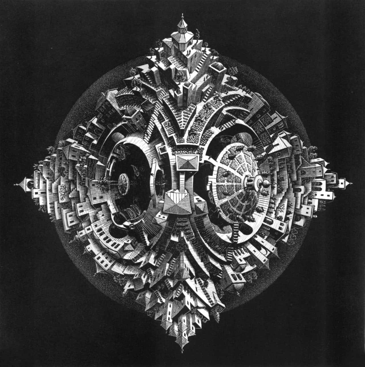 Planetoidetetraédrico Con Arte De Maurits Cornelis Escher. Fondo de pantalla