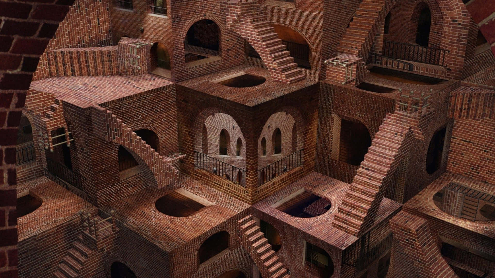 Et 3D-billede af en murstensbygning med trapper. Wallpaper