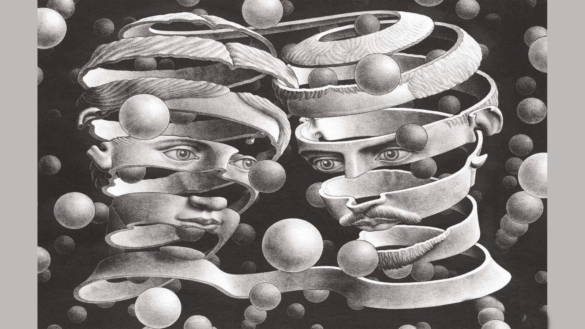 Isometrisk selvportræt af kunstneren M.C. Escher Wallpaper