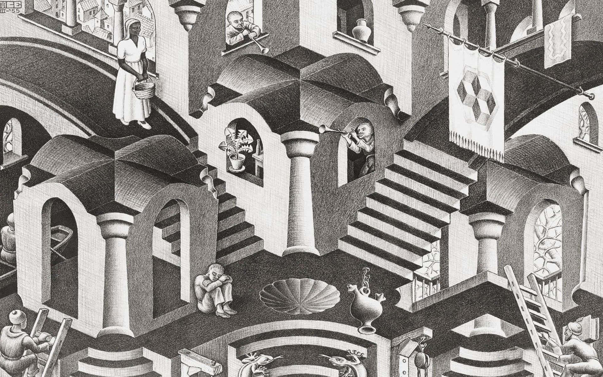 Et sort og hvid tegning af en trappe med mennesker på den. Wallpaper