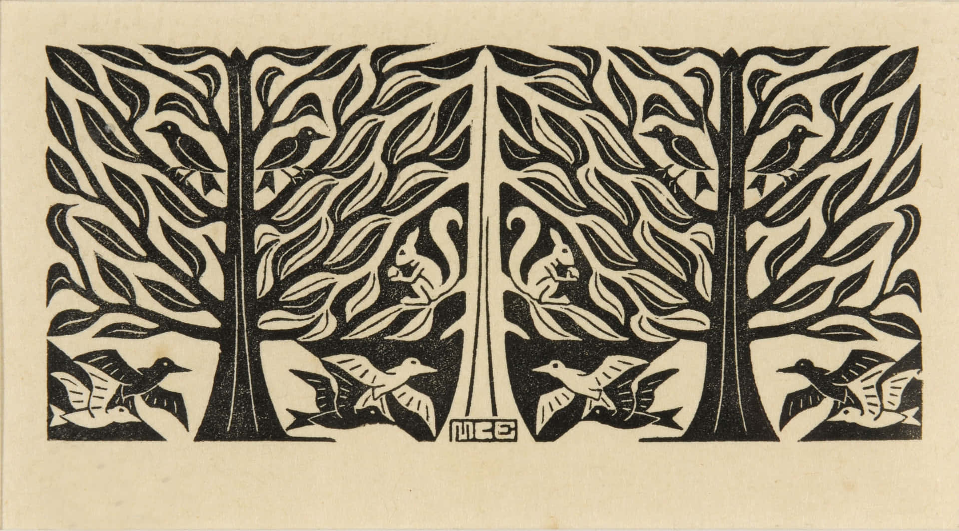 Ensvartvit Teckning Av Ett Träd Med Fåglar. Wallpaper
