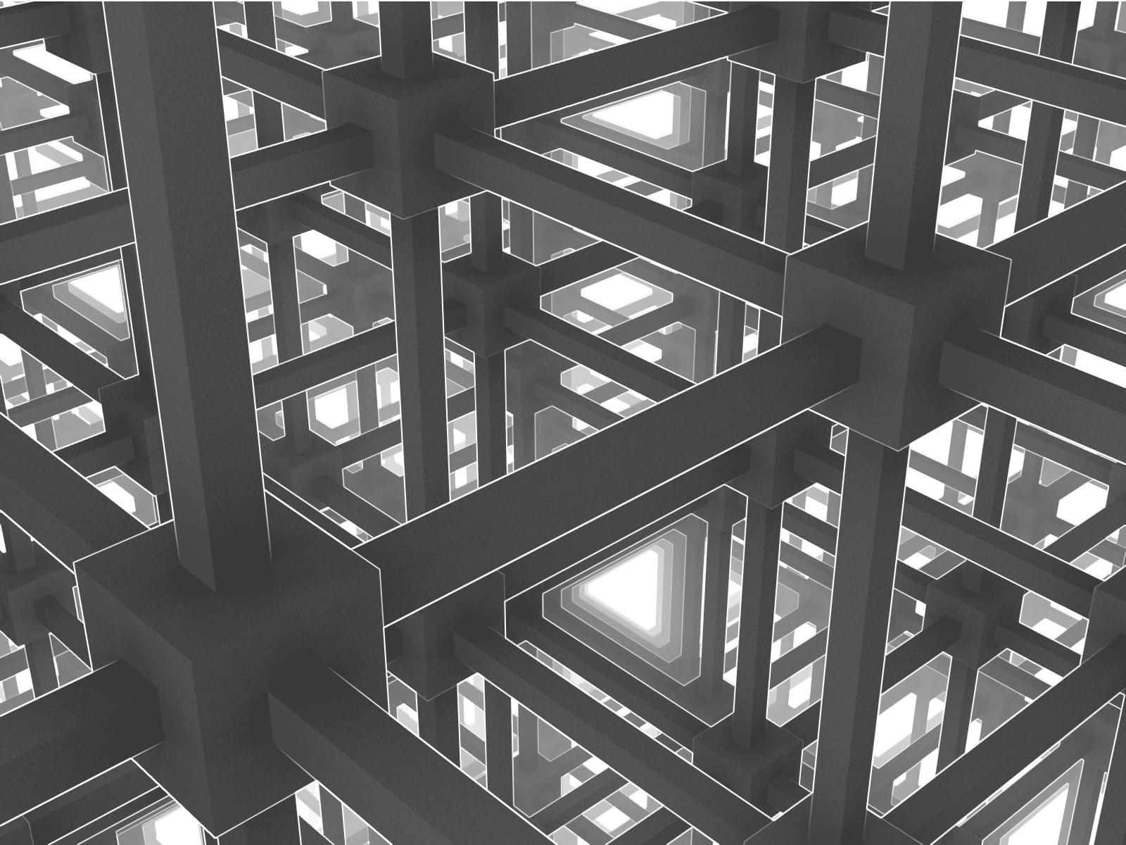 En sort-hvid billede af en 3D-struktur af forbundne linjer Wallpaper