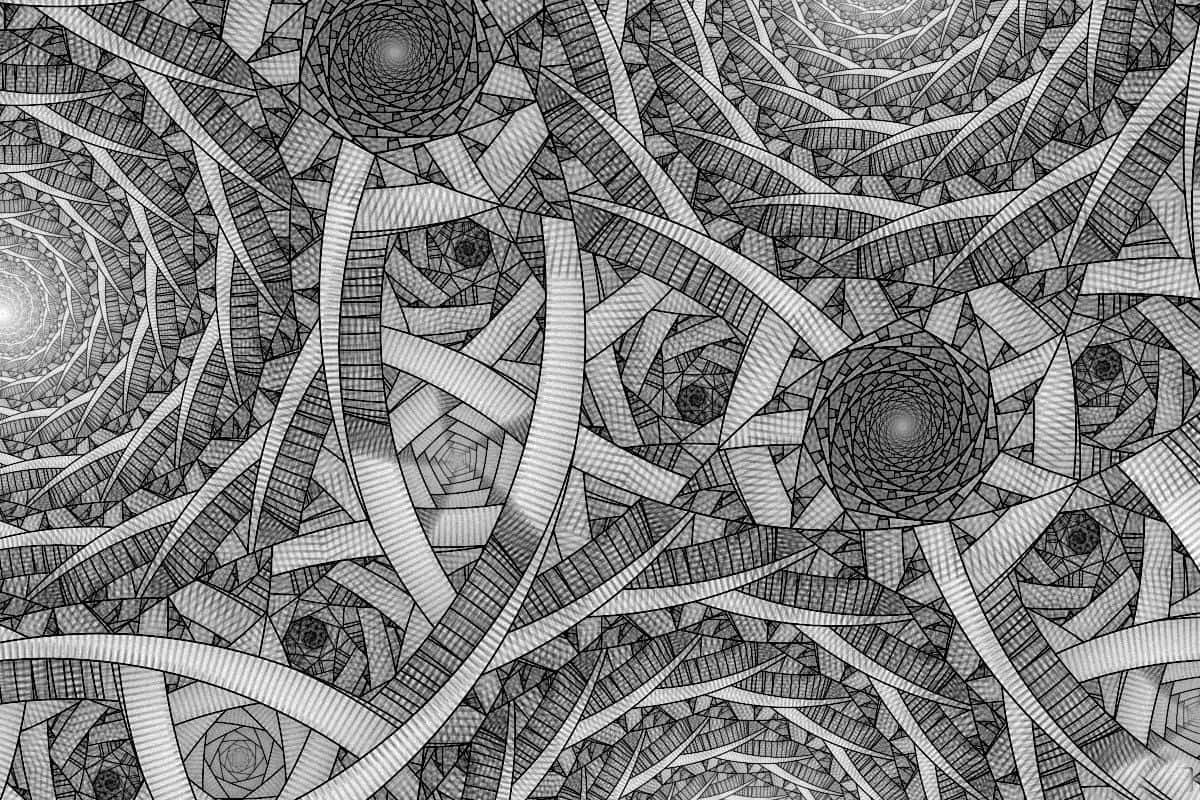 Et sort og hvidt tegning af en spiral mønster er trykt overalt på tapetet Wallpaper