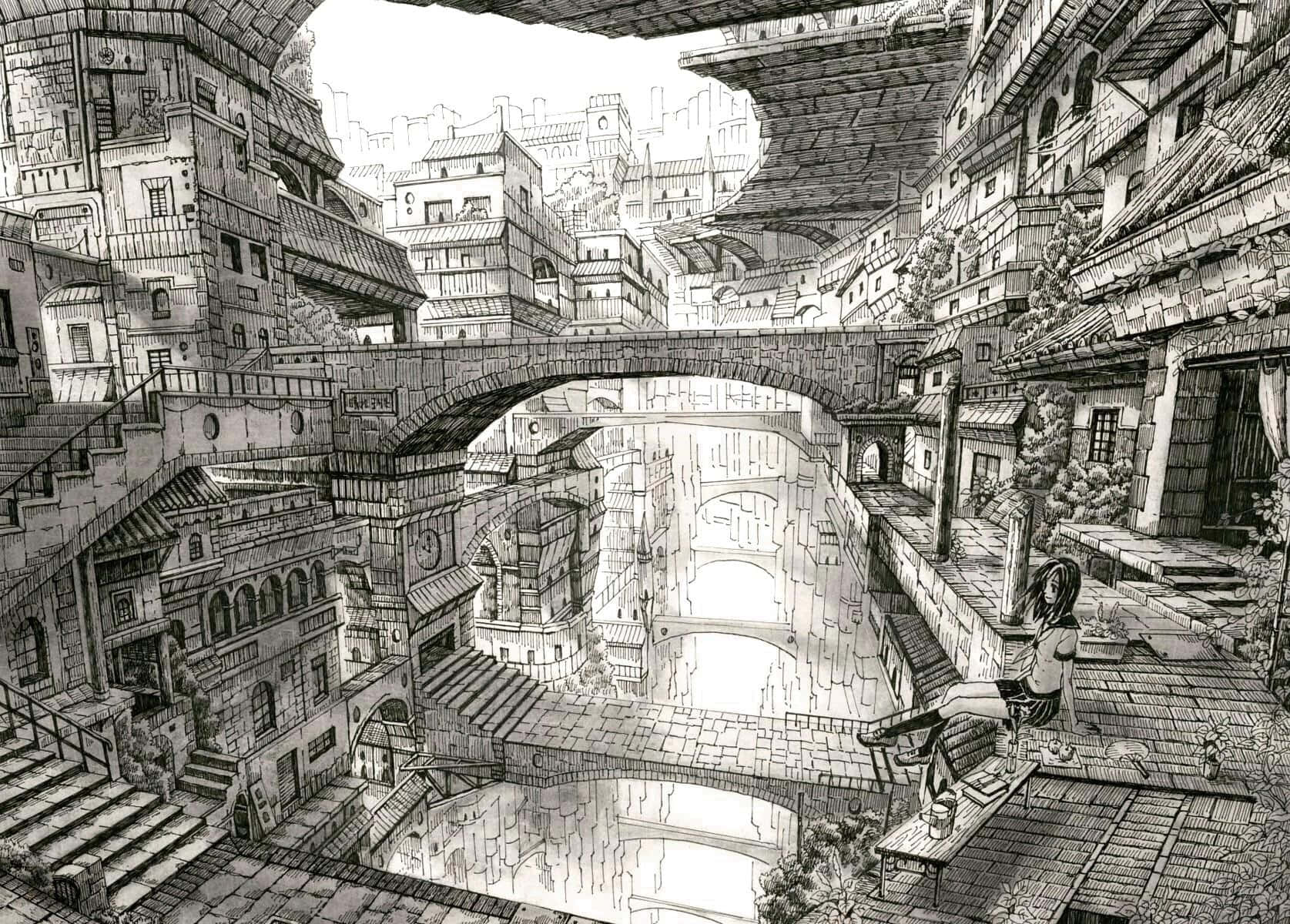 Escheresque_ Cityscape_ Sketch Wallpaper