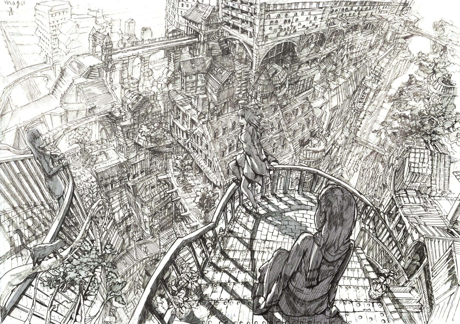 Escheresque Sketchof Distorted Cityscape Wallpaper