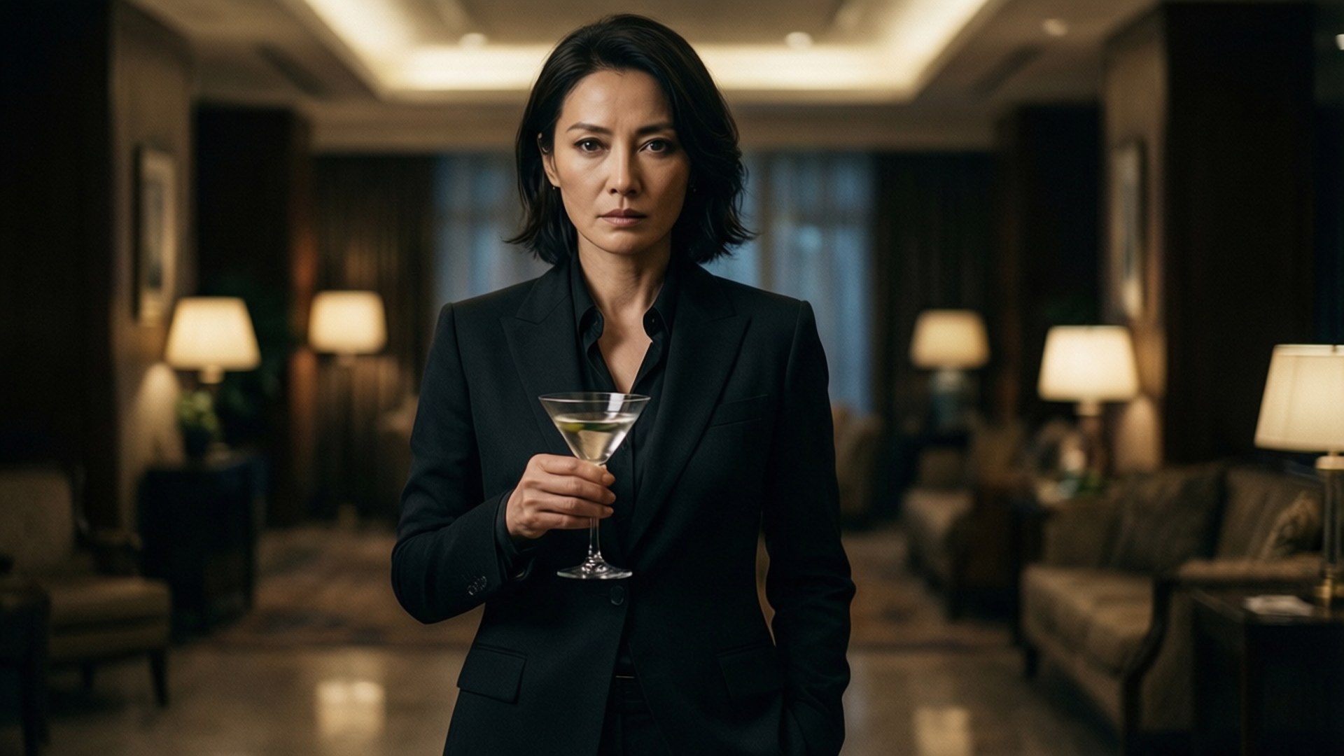 Maggie Q as a sleek spy in a hotel lobby with a martini.