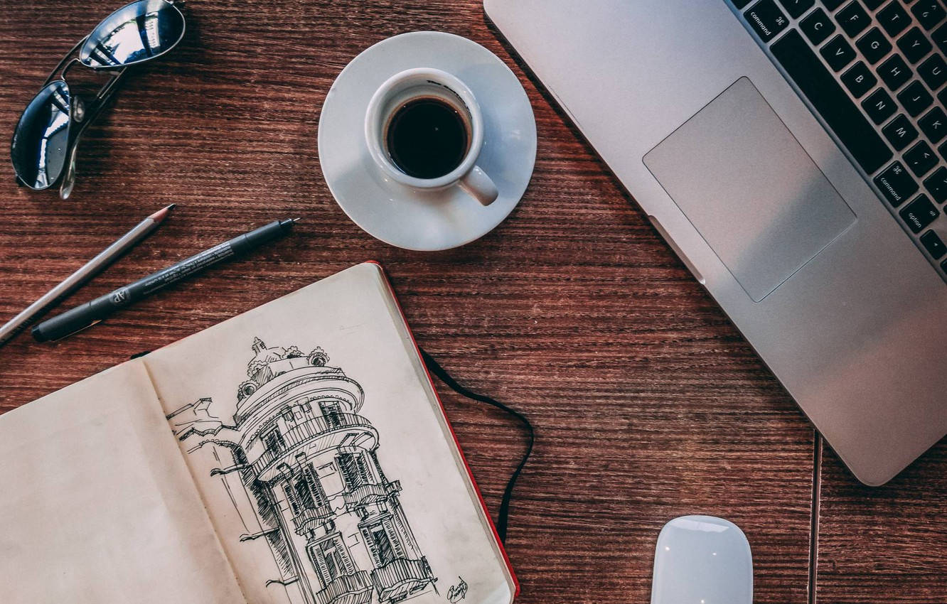 Espresso Coffee, Laptop, And Art Sketch Wallpaper