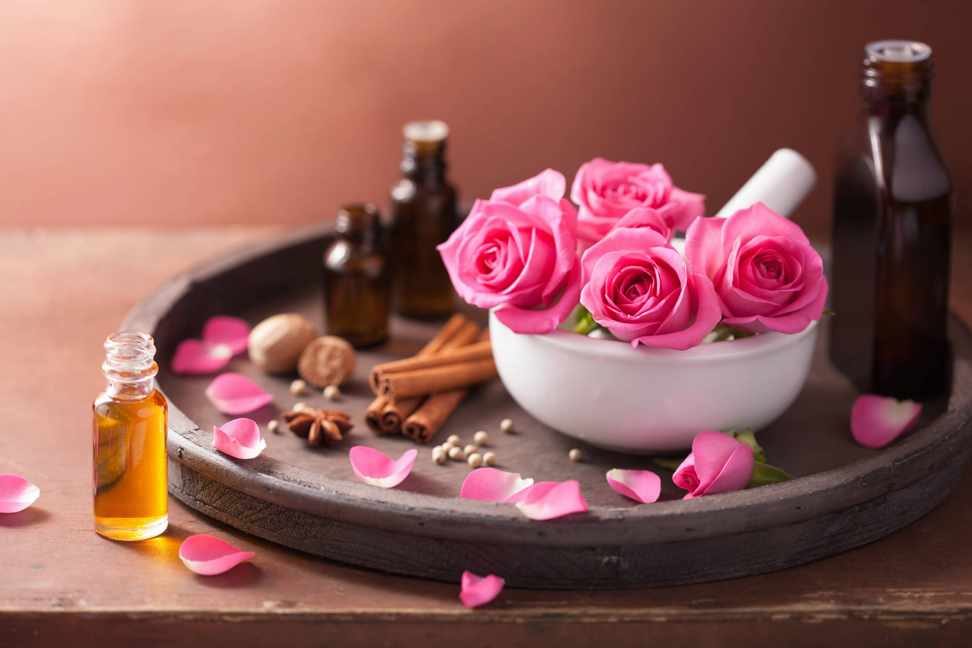 Essential Oils And Pink Roses Wallpaper