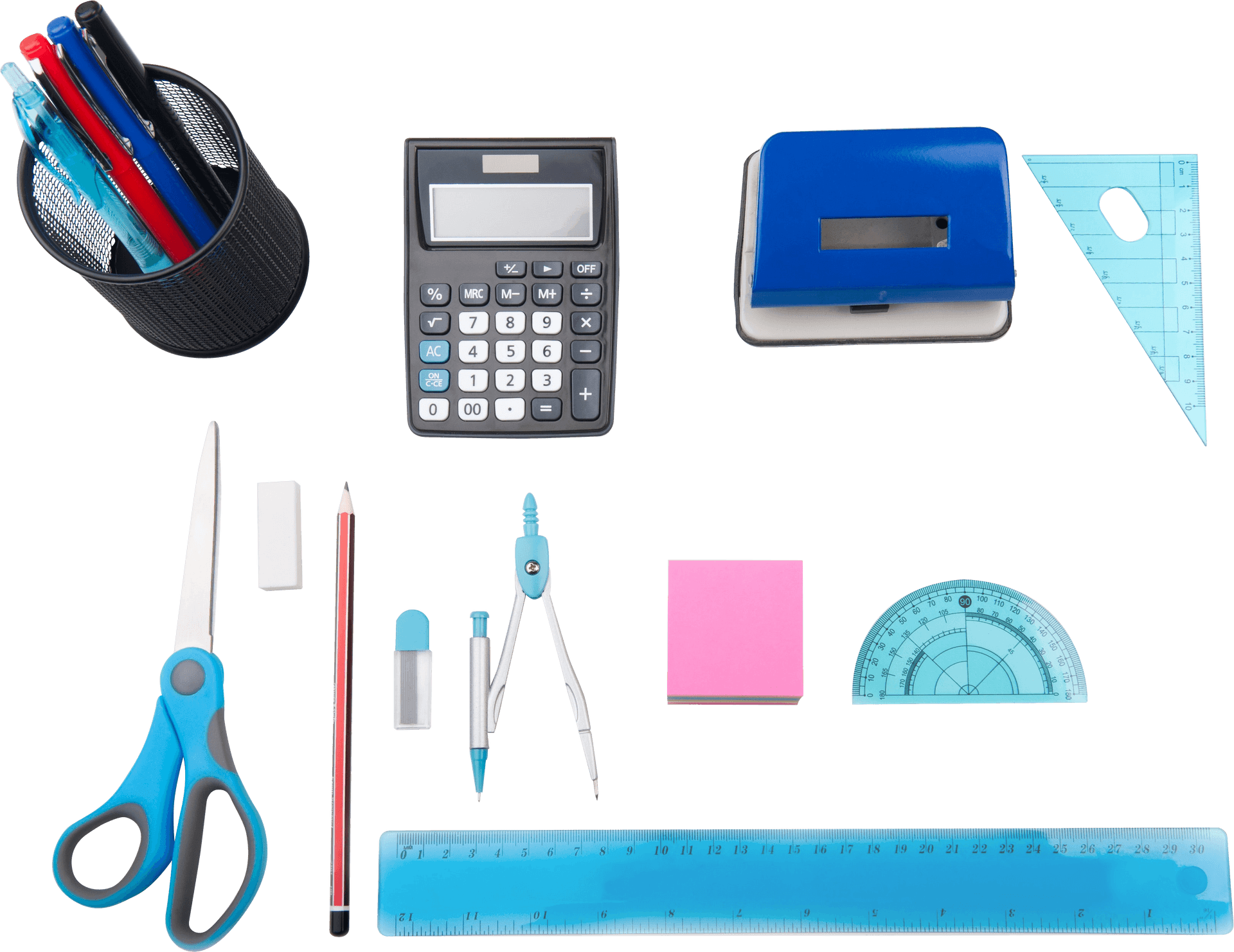 Essential Stationery Items Flatlay PNG