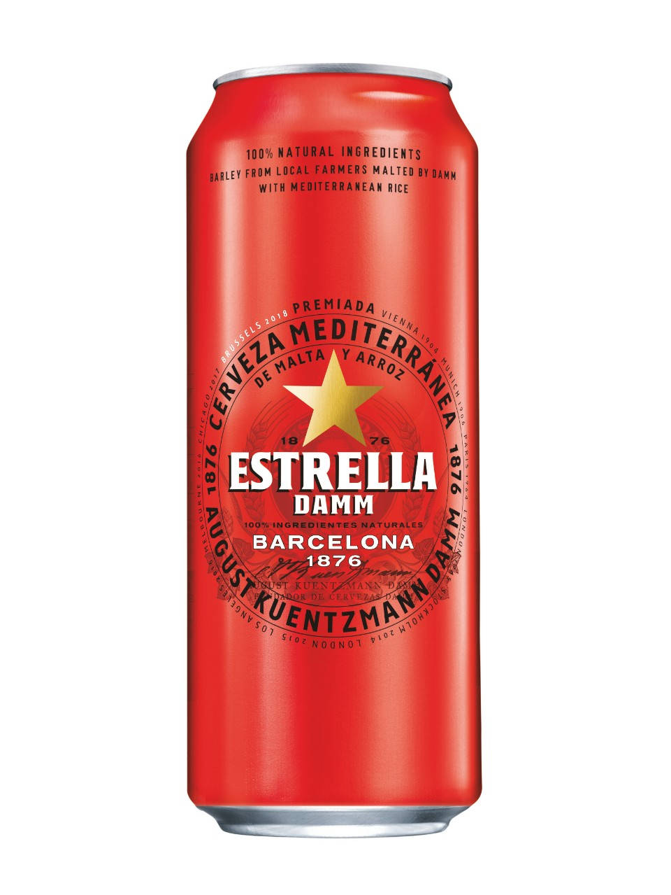 Fresh Estrella Damm Lager Beer in Vibrant Red Can Wallpaper