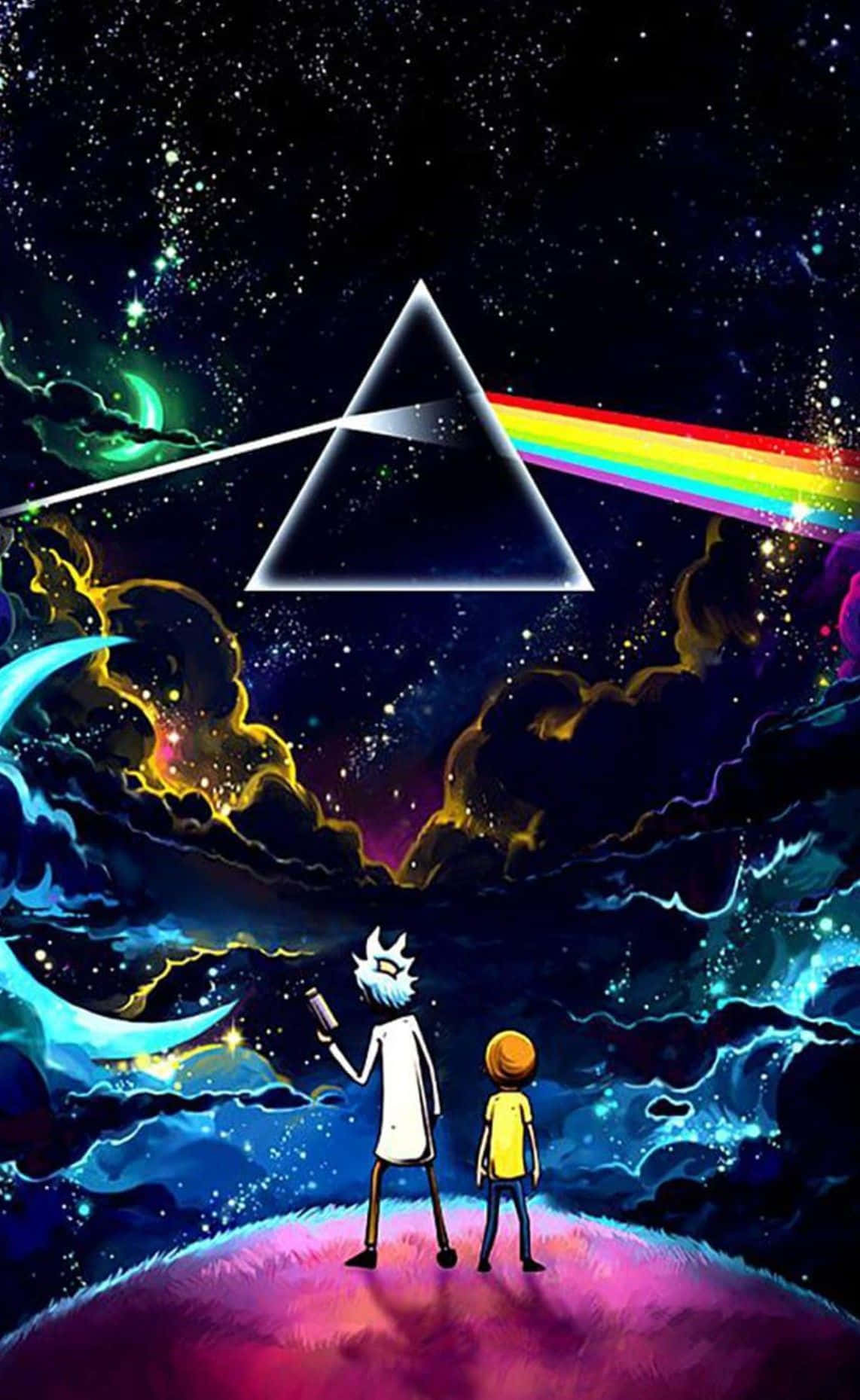 A Dark Side Of The Moon With Two People Standing In Front Of It