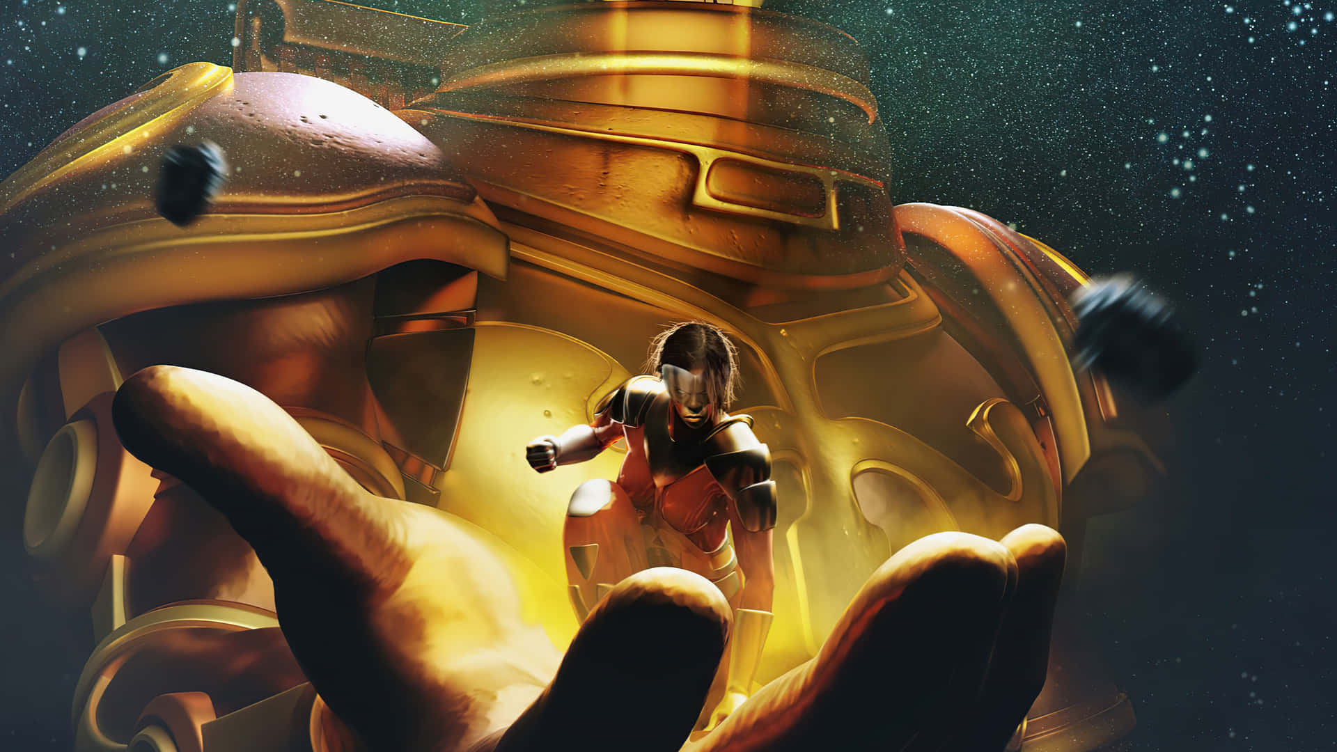 A Man Is Holding A Golden Robot In His Hand Wallpaper