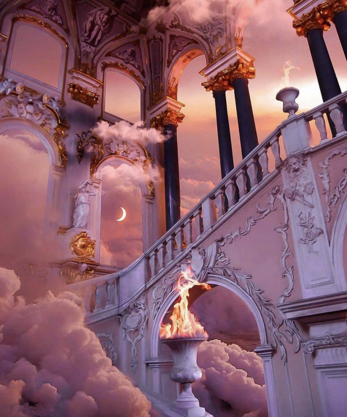 Ethereal_ Baroque_ Staircase_with_ Clouds_and_ Fire Wallpaper