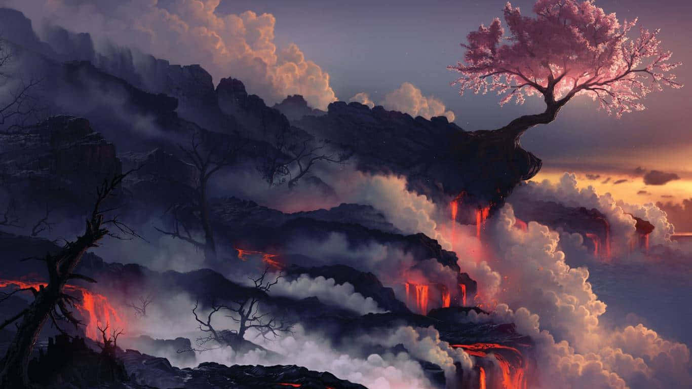 Ethereal_ Lava_ Falls_and_ Sakura_ Tree.jpg Wallpaper