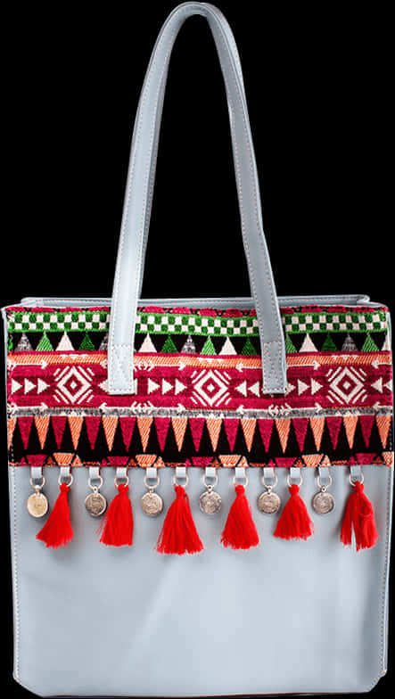 Ethnic Embroidered Silver Tote Bag PNG