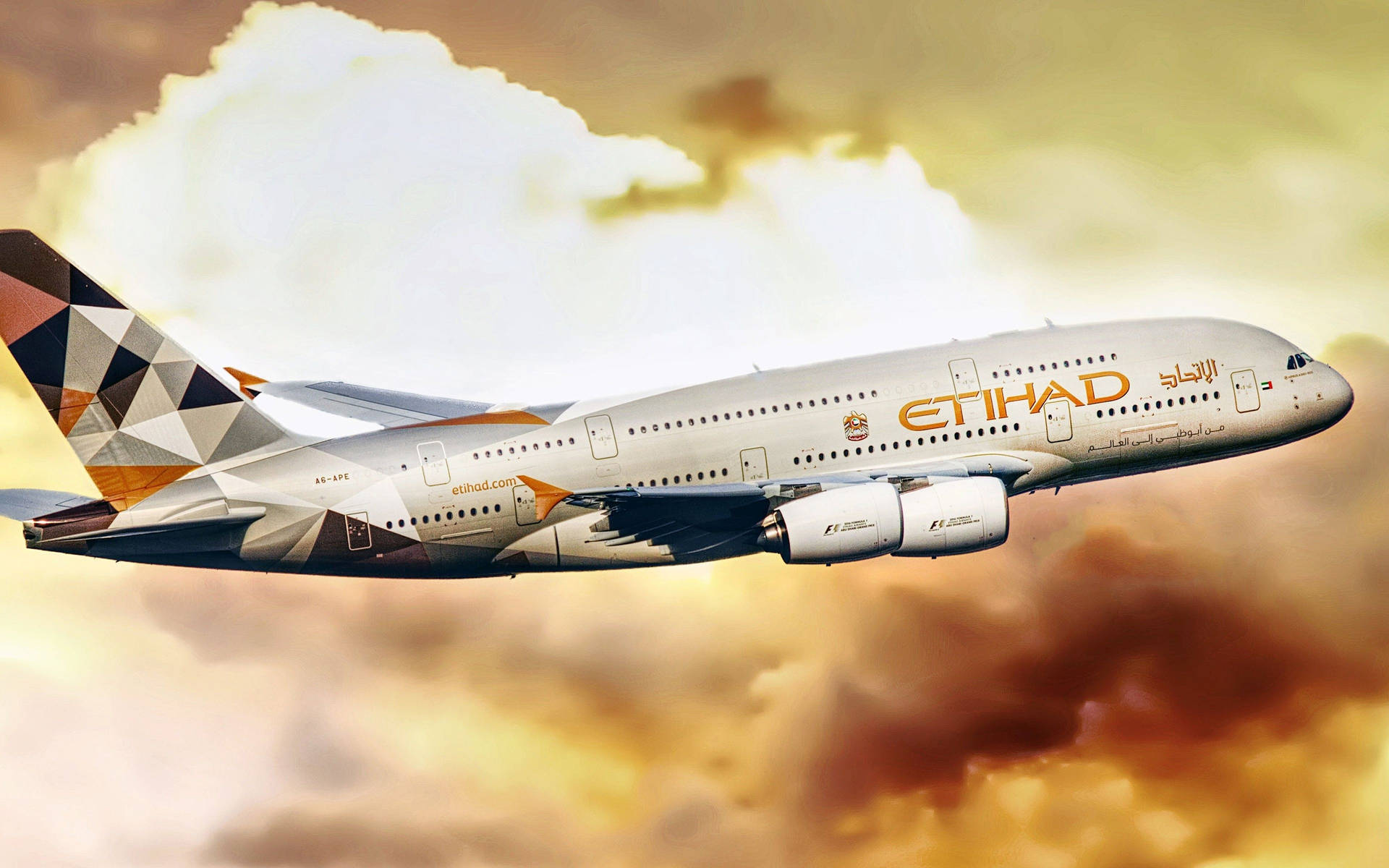 Etihad Airways-solnedgangflyvning Wallpaper