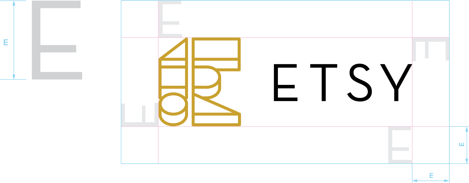 Etsy Logo Design Process PNG — A minimalist graphic design featuring a gold stylized 'E' and black 'ETSY' text on a white grid background with measurement annotations.