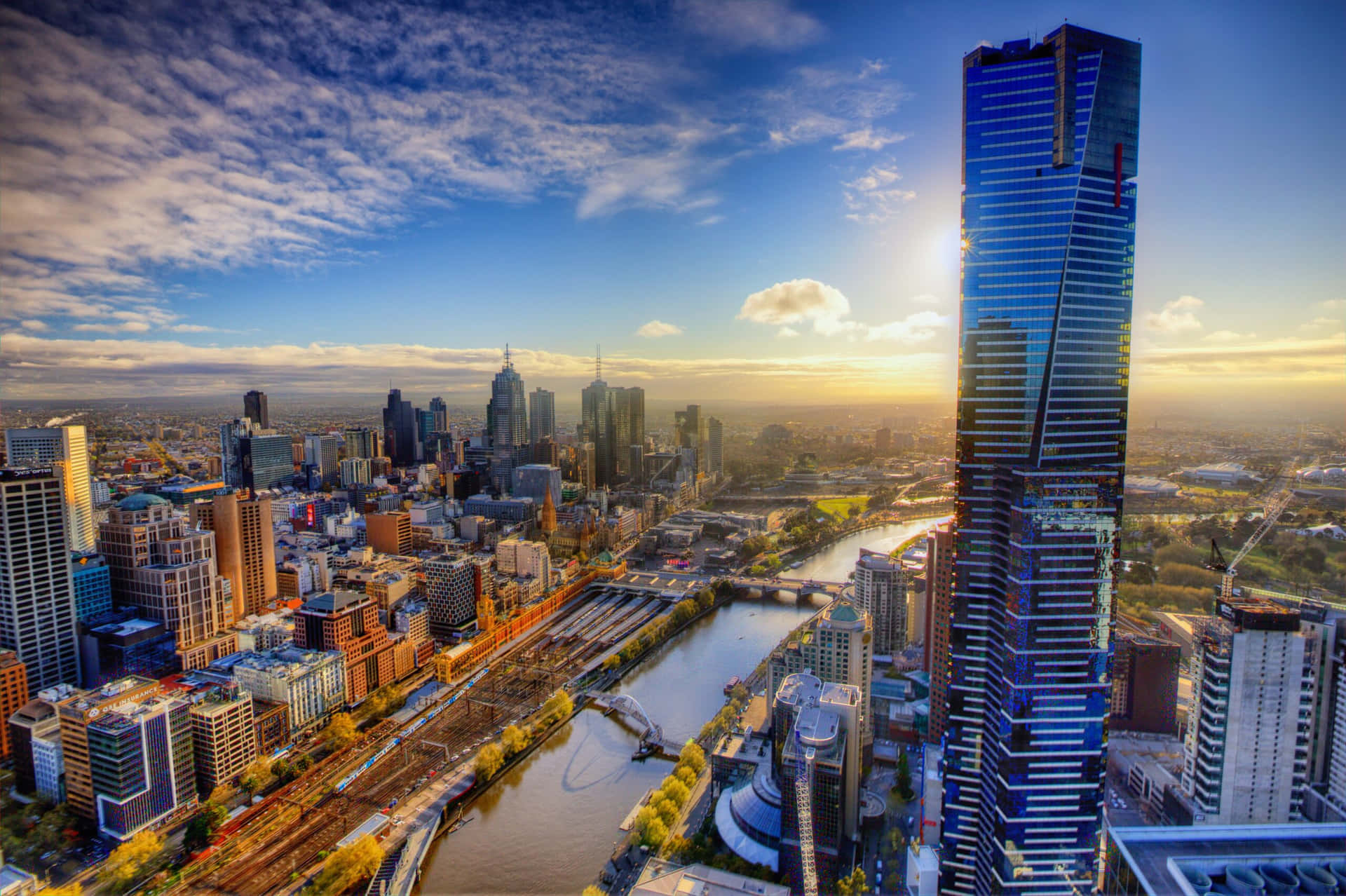 Vue Aérienne De La Skyline De Melbourne Au Lever Du Soleil Fond d'écran