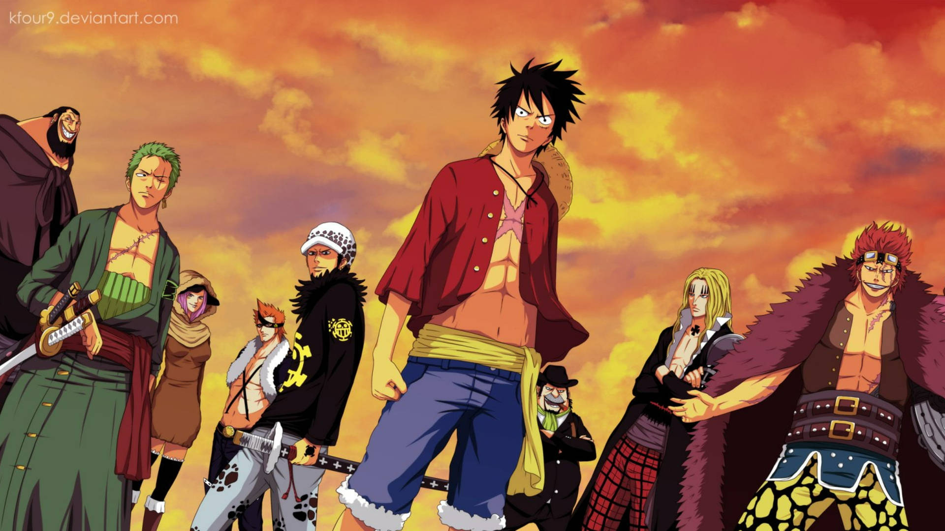 Eustasskid, Luffy, Law, Zoro, Hawkins - Eustass Kid, Luffy, Law, Zoro, Hawkins. (note: This Sentence Doesn't Make Sense In Either English Or Swedish. It Seems To Be A List Of Names, Which Wouldn't Typically Be Used As A Computer Or Mobile Wallpaper. Can You Provide More Context Or Clarify?) Wallpaper