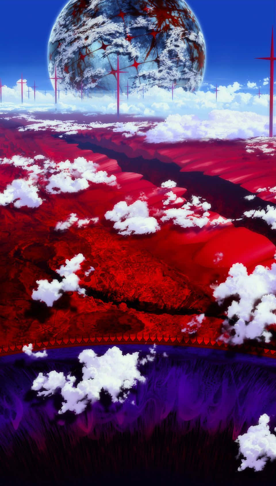 En rød og blå himmel med vindmøller og skyer. Wallpaper