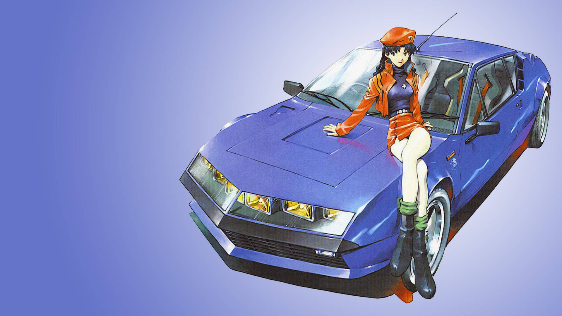 Evangelion 4K Misato med blå bil Wallpaper