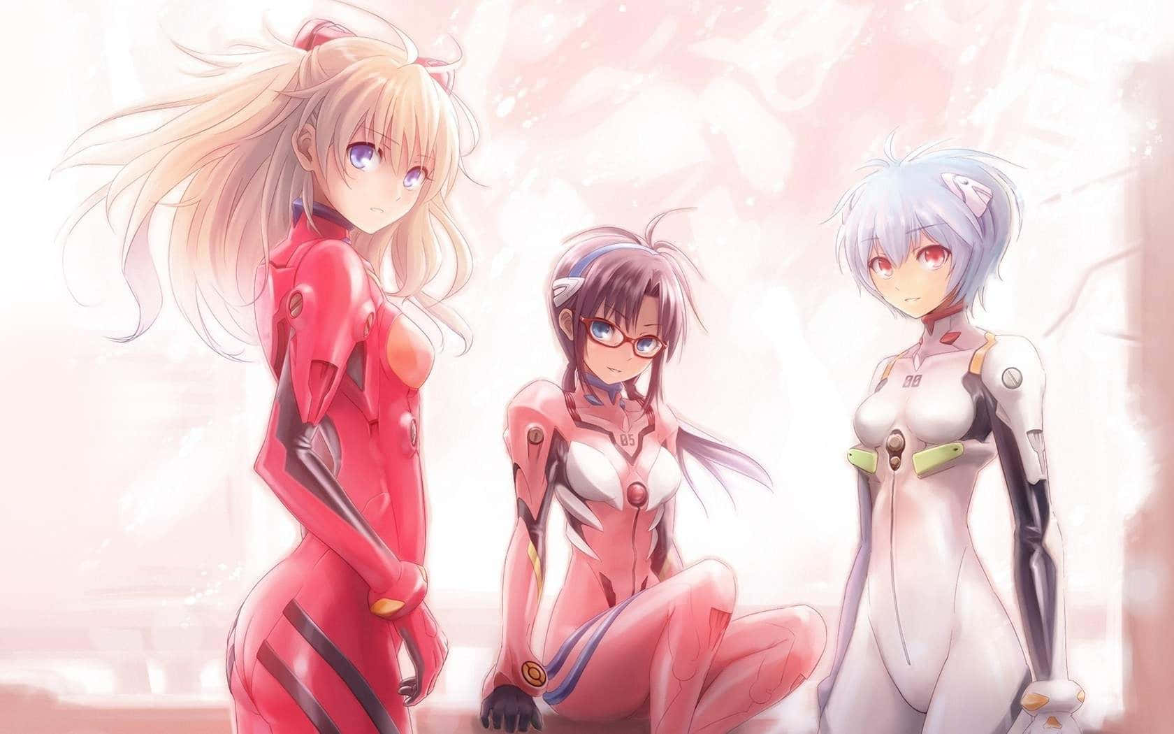 An overview of the manga series Evangelion in its classic style Wallpaper