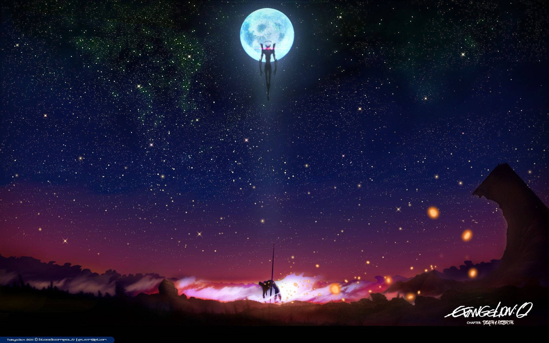 Shinji Ikari riding Eva Unit 01 against a brilliant Technicolor sunset Wallpaper