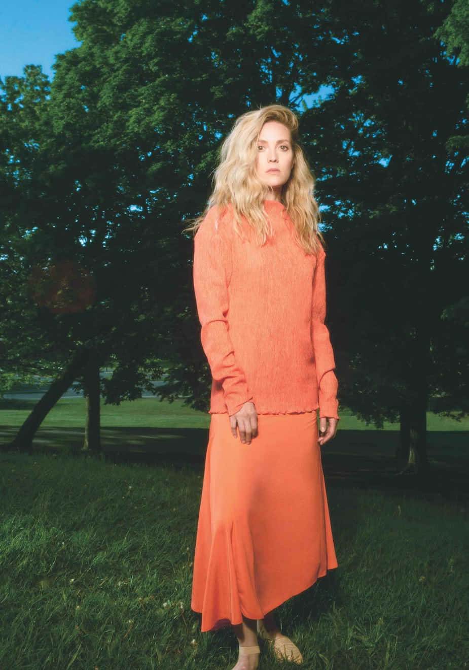 Evelyne Brochu Orange Outfit Outdoor Portrait Wallpaper